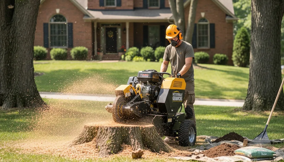 Professional stump grinding service removing tree stumps in Westerville, OH near Columbus homes