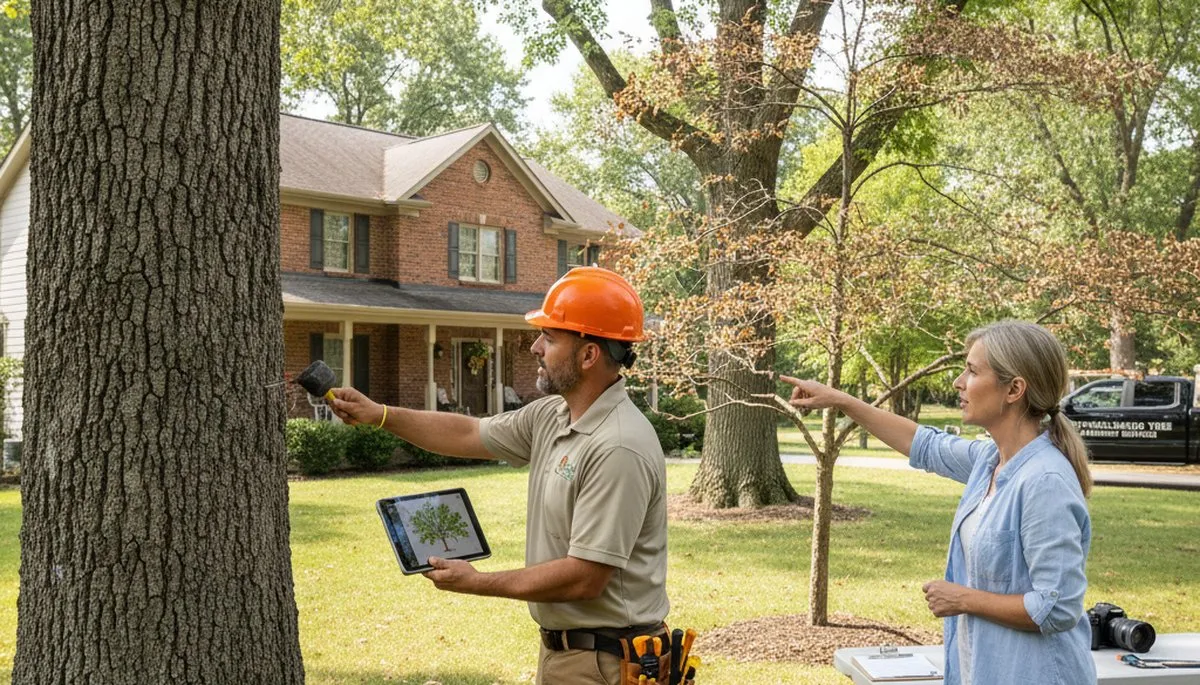 Certified arborist performing tree health assessment for homeowners in Reynoldsburg, Ohio
