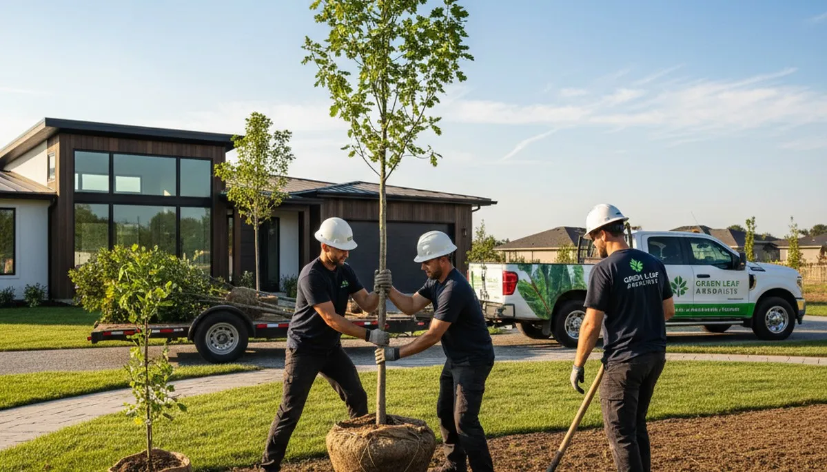 Arborist planting young tree in Columbus, OH yard for Chop Chop Tree professional tree planting service