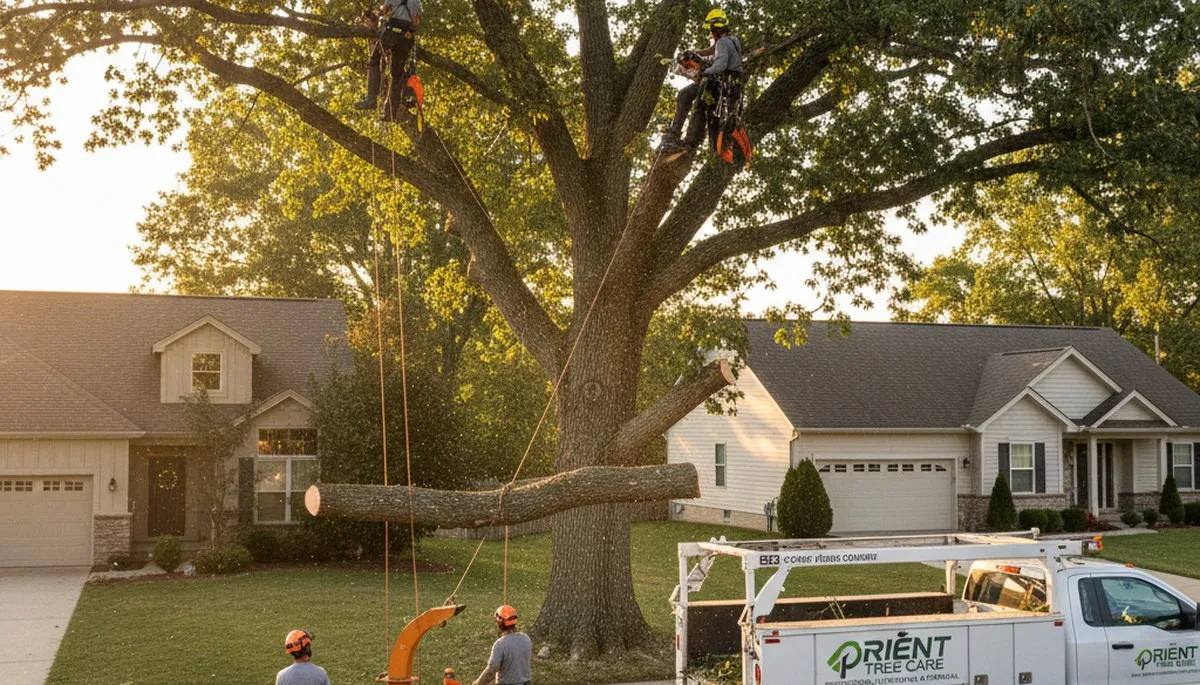 Professional tree removal service crew working safely in Columbus, OH backyard